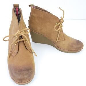 Sperry Wedge Leather Boot Lace Up Size 7.5 Brown Tan Distressed Boho Festival